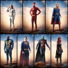 six different poses of the same person dressed as superman and wonder woman, with their hands on their hips