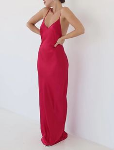 Low Tide Maxi Dress | Chili Pepper – Rumored Satin Maxi Dress With Bias Cut For Date Night, V-neck Satin Dress With Tie Back For Night Out, Chic Satin V-neck Backless Dress, Bias Cut Satin Maxi Dress For Date Night, Fitted Slip Dress With Back Opening For Date Night, Sleek Satin Dress With Back Opening For Night Out, Backless Maxi Dress For Night Out With Bias Cut, Satin Slip Dress With Spaghetti Straps And Back Opening, Backless Bias Cut Maxi Dress For Night Out