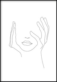 a line drawing of a woman's face with her hands in the air