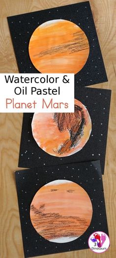 three paper plates with watercolor and oil pastel planets on them