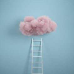 a ladder is in front of a pink cloud on a blue wall with a ladder