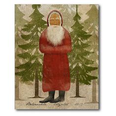 a painting of santa claus standing in front of trees