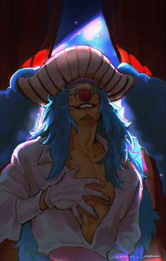 an anime character with blue hair and a clown nose wearing a white shirt, holding his hands on his chest