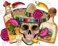 a sugar skull wearing a sombrero with roses on it and two bottles next to it