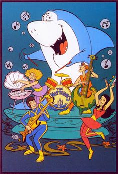 the cartoon characters are singing and playing music together in front of an image of a shark