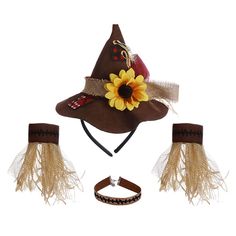 a brown hat with sunflowers attached to it