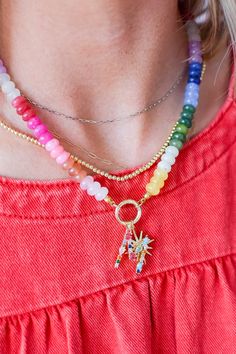 Add a pop of color to your outfit with our Rainbow Necklace Luxe- Popsicle! This on trend necklace stack features vibrant gemstones, making it a best seller with five stars. Stand out and be the envy of others with this playful and stylish piece. Product Details: 16" lobster claw 2" extender functional toggle for adding charms *charm not included* Trend Necklace, Skort Outfit, Nickel And Suede, Necklace Stack, Necklace Colorful, Rainbow Necklace, Summer Soiree, Colored Stone, Colourful Necklace