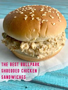 the best ballpark shredded chicken sandwiches with sesame seeds on top are ready to be eaten