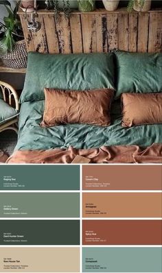 an image of a bed with green and brown colors on it's covers, pillows and