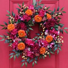 Our Exotic Beauty - Dahlia, Bougainvillea & Ranunculus Spring Summer Front Door Wreath is the perfect statement piece for the front door, wall, or above the mantle in your home! Our wreaths also make an excellent gift that can be enjoyed for years to come! Size: 24" H x 24" W x 6" D | DarbyCreekTrading Exotic Beauty - Dahlia | 24" H x 24" W x 6" D | Wayfair Silk Wreaths, Spring Door Wreaths, Porte Decorate, Spring Door, Mors Dag, Orange And Pink