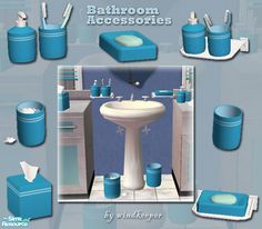 the bathroom accessories are blue and have been designed to look like they were made from plastic