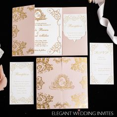 pink and gold wedding stationery with white ribbon