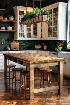 a wooden table sitting in the middle of a kitchen