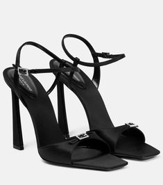 Saint Laurent's Venue sandals are made from crepe silk satin with two adjustable elegant straps topped with crystal-embellished buckles | Saint Laurent Venue 105 crystal-embellished sandals Embellished Sandals, Designer Sandals, Pretty Shoes, Strap Tops, Leather Fabric