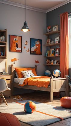 a child's bedroom decorated in orange and gray