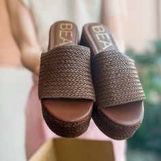 These Slip-On Platform Sandals From Matisse Look Great With All Your Summer ‘Fits! Made In Woven Rattan In Chocolate Brown Color. Brand New! New In Box 2" Heel / Platform Full Sizes Only; We Recommend Ordering The Next Size, If You're A Half Size * Urban Outfitters, Princess Polly, Nasty Gal, Pac Sun * Beach Heels With Cushioned Footbed, Cushioned Footbed Heels For Beach, Vacation Wedge Sandals With Open Heel, Synthetic Wedge Sandals With Open Heel For Vacation, Synthetic Open Heel Wedge Sandals For Vacation, Comfortable Open Toe Heels For Beach, Brown Woven Sole Sandals For Summer, Beach Season Wedge Sandals With Open Heel, Beach Wedge Sandals With Open Heel