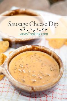 sausage cheese dip in a bowl with chips on the side and text overlay that reads sausage cheese dip