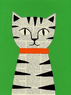 a paper cut out of a cat wearing a red collar on top of a green background