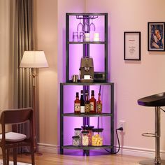 a purple lighted shelf in the corner of a room filled with liquor bottles and condiments