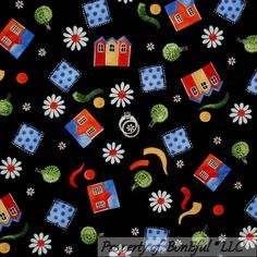 a black background with colorful houses and flowers on it's side, in the center is