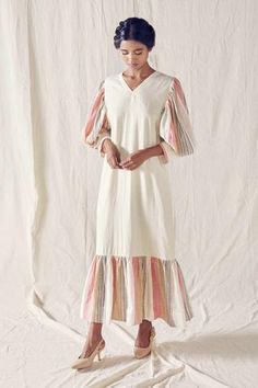 Shop for Ek Katha White Organic Handloom Cotton Dress for Women Online at Aza Fashions Cotton Dress With Striped Sleeves For Spring, Cotton Dresses With Striped Sleeves For Spring, Cotton Spring Dresses With Striped Sleeves, Spring Cotton Dresses With Striped Sleeves, Handloom Dress, Cotton Dresses Online, White Bustier, Ivory Dress, Trapeze Dress