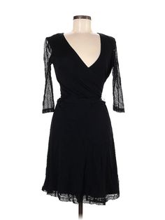 K Petite Collection Cocktail Dress Size: 6 Black Dresses - used. 100% NYLON, Wrap, V-Neck, Knee Length, 3/4 Sleeve | K Petite Collection Cocktail Dress - Wrap: Black Dresses - Used - Size 6 Lace Trim V-neck Mini Dress, Fitted Wrap Dress For Spring Evening, Fitted Spring Evening Wrap Dress, Fitted Wrap Dress For Spring Night Out, Dress Wrap, Black Cocktail, Black Cocktail Dress, Black Dresses, Knee Length