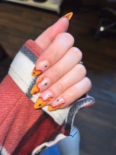 Fall nails. Retro nails. Funky orange 70’s nails Nail Designs Groovy, 70s Almond Nails, Nails In The 70s, 70s Nails Retro Orange, 70s Orange Nails, Retro Wave Nails, 70s Nails Retro Almond, 70 Inspired Nails, Simple Nail Designs Orange