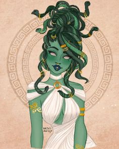 a drawing of a woman with green hair and an octopus around her neck, wearing a white dress