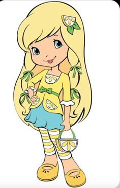 a cartoon girl with long blonde hair holding a bag and wearing yellow shoes, standing in front of a white background