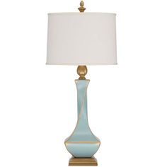 a blue and gold lamp with a white shade