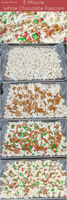 an assortment of white chocolate popcorn with sprinkles and pretzels on top