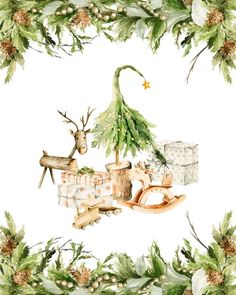 watercolor christmas wreath with deer, presents and pine cones