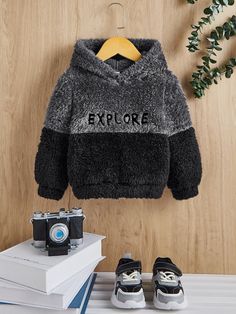 Multicolor  Collar Long Sleeve Flannelette Colorblock,Letter Pullovers Embellished Non-Stretch  Baby Clothing Teddy Hoodie, Stylish Winter Outfits, Baby Hoodie, Letter Embroidery, Boys Sweatshirts, Crochet Blouse, Boys Clothing, Baby Clothing