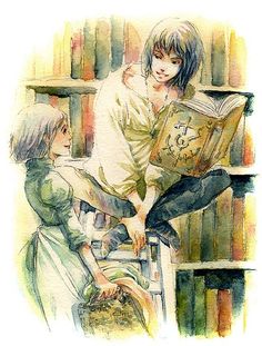 two children are reading books in front of some bookshelves and one is holding an open book