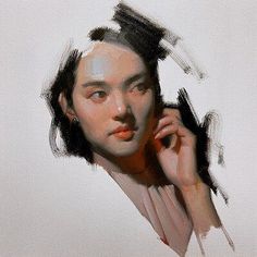 a painting of a woman talking on a cell phone with her hand to her ear