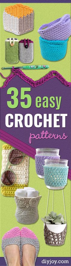 crochet patterns for shoes and purses with the title, 35 easy crochet patterns