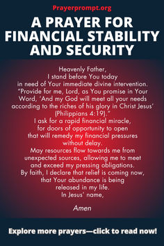 a prayer for financial stability and security with an image of the words in red on it