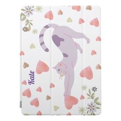 an ipad case with a cat on it and hearts all over the back cover,