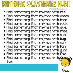 a poem with the words rhyming scavenger hunt written in yellow and blue