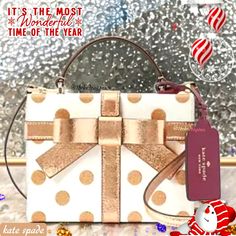 Nwt Kate Spade Glitz Glitter.Polka Dot Crossbody The Present Bag! 5.74”H X 7.25”W X 2.57”D Handle Drop: 2.34" Strap Drop: 24 Genuine Smooth Leather Trim: Gold Metallic Leather Foil Embossed Logo Two Way Spade Jacquard Lining Interior: Front Credit Card Slots Flap Closure With Magnetic Snap Dust Bag Not Included Imported Kate Spade Crossbody Purse, Wrapping Party, Small Crossbody Purse, Kate Spade Purse, Crossbody Wallet, Kate Spade Handbags, Small Crossbody Bag, Embossed Logo, Kate Spade Bag