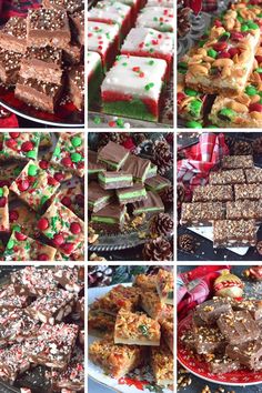 a collage of christmas desserts and treats on display in different pictures, all decorated with candy