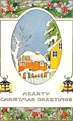 an old fashioned christmas card with the words merry christmas greetings in front of a snowy village