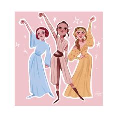 three women in dresses are dancing together on pink background