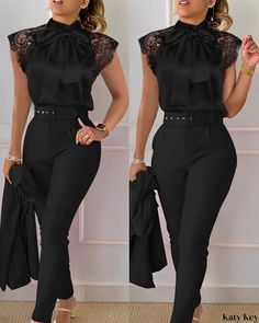 KatyKey - Chic Ensemble: Contrast Lace Tie Neck Top and High Waist Pants Set Elegant Lace Tops, Tie Neck Top, Fall Outfits Y2k, Lace Tie, Tie Neck Tops, High Waist Pants, Tie Neck Blouse, Solid Clothes, Pants Pattern