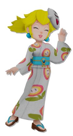 a cartoon character in a dress with her hand up to the side and one eye open