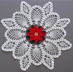 a crocheted doily with a poinsettia on the center is shown