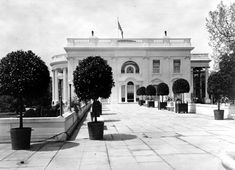 an old black and white photo of a large building with trees in the foreground