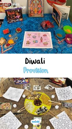 Celebrate diwali with these eyfs activities and provision. Explore diwali eyfs rangoli patterns. Learn about the festival of light with this talking table provision. For more eyfs diwali activities click on the link. Rama And Sita Eyfs Activities, Diwali Continuous Provision, Diwali Tuff Tray Ideas, Diwali Preschool