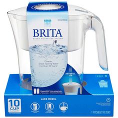 the brita water pitcher is on display with its box and instructions for how to use it