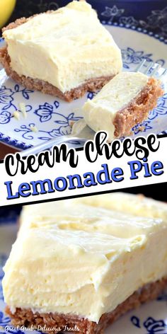 two pieces of lemonade pie on a blue and white plate with the words cream cheese